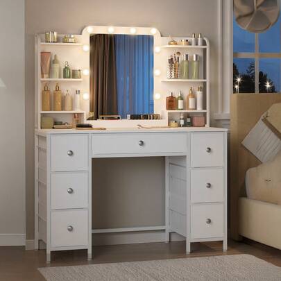 Hzuaneri Dressing Table With Mirror, Vanity Desk With 3-Color LED Lights Adjustable Brightness, 7 Fabric Drawers, 6-Layer Shelves, Modern Makeup Vanity Table For Bedroom White