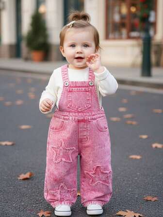 全新女婴水洗牛仔刺绣休闲日常百搭背带裤