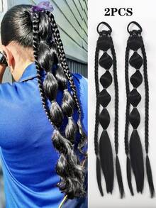 2 Pcs 18-Inch Handmade Fishbone Braid Ponytail With Elastic Bands, Suitable For Women - Multicolor - View 10