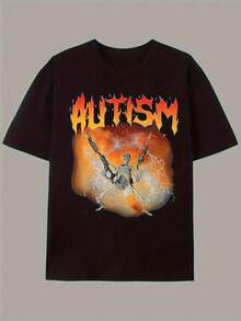 Camiseta Gráfica de Concientización sobre el Autismo para Hombres - Diseño Retro con Esqueleto Ardiente y Pieza de Rompecabezas, con Letras Naranjas, Cuello Redondo, Camiseta Casual para Adultos, Comodidad para Todas las Temporadas, Ropa de Apoyo al Autismo - Foto-1 - Ver 11