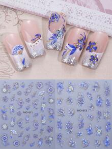 2片青铜色和紫色花朵美甲贴纸，渐变紫蓝色花瓣和金色边缘自粘美甲贴花，优雅花卉美甲沙龙DIY装饰，适合女孩指甲 - 彩色 - 查看 3