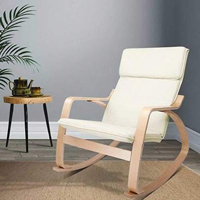 Rocking Chair Cushion Wooden Armchair Recliner Chairs Lounge Dining Nursing Seat Reading Seating Chaise Lounges Home Living Room Bedroom Furniture Beige Fabric With Removable Cover