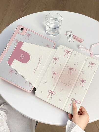 1pc Dual-Sided High Definition Printed Pink Bow Pattern 2026 New Tablet Protective Case, Suitable For IPad 10/9/11 2025, Transparent Acrylic Back Cover, Wear-Resistant And Anti-Fall, Auto Wake/Sleep, Multi-Angle Stand With Pen Slot, Essential For Office And Study, Non-Magnetic Protective Case, Christmas Gift