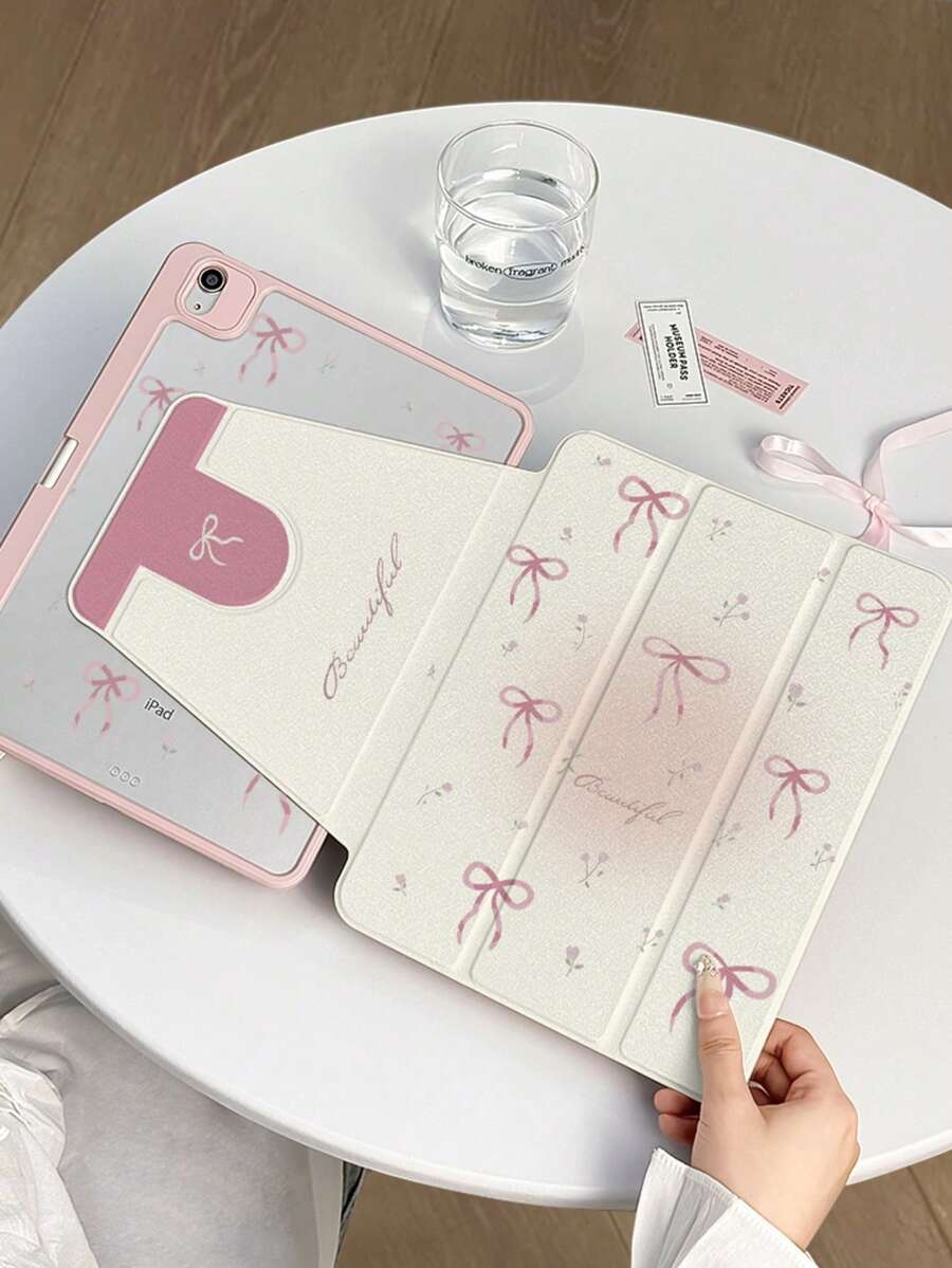 1个装粉色双面印花旋转亚克力保护套，适用于iPad平板电脑，带有蝴蝶结图案。兼容iPad 10/Air 8 2026/11代-A16 2025，支持自动唤醒/睡眠功能，无磁性，带笔槽，男女皆宜。是办公和学习的必备保护配件。