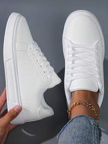Women's Skate Shoes, White Leather Low-Top Sneakers With Gold Ankle Chain & Thick Sole, Comfortable Casual Shoes For Daily Wear, Breathable Walking Gift For Her​ - trắng - Xem 2