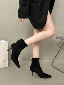 Pointed Toe High Heel Ankle Boots For Women, New Autumn/Winter Fashion Slim Stiletto Heel Suede Dress Boots, Elegant - Black - View 3