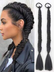 2pcs 18-Inch Handmade Fish Bone Braided Ponytail Hair Extensions With Elastic Band, Suitable For Women - Multicolor - View 6