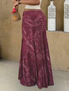 女士波西米亚风网纱A字长裙，休闲高弹佩斯利印花半身裙 - 酒紅色 - 查看 5