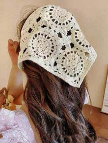 1pc Hollow Flower Pattern Bandana Triangle Scarf, Women Countryside Style Headwear Hair Accessory Beach Decor, Vintage French Headband New Collection Elegant Hair Bands, School Stuff, College, Headbands Hair Accessories Autumn Accessories Fall Winter For Vacation Outfits Woman - 米色 - 查看 5