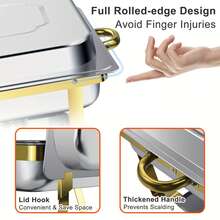 1-2pcs 8-Quart Full-Size Buffet Chafer Set - Stainless Steel Chafing Dish With Lid, Tray, Water Pan And Fuel Holder (Silver/Gold) - Premium Rolled Edges, Designed For Cooking - Ideal For Restaurants, Events, Weddings - Silver - View 9