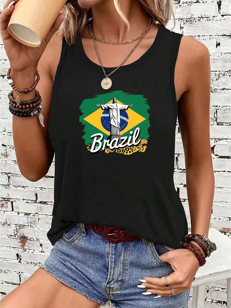 Brazil-Inspired Y2K Women's Tank Top - Sleeveless, Breathable & Comfortable For Yoga, Fitness & Running - Geometric Print With BRASIL Design, High-Stretch Fabric, Shoulder-Baring Style, Perfect For Summer Outfits, Parties & Vacations - 黑色 - 查看 1