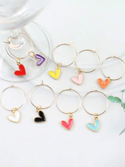 珐琅酒杯吊坠，适用于葡萄酒杯、香槟杯，可用作婚礼派对悬挂装饰，心形吊坠酒杯饰品，时尚中性装饰礼品 - 葡萄酒、香槟、饮料和啤酒识别标签、酒吧标记，适合家庭聚会和派对