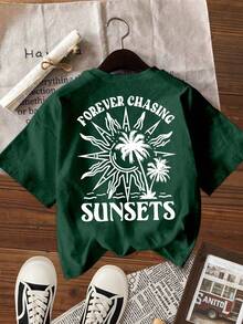 Women's Casual Graphic Tee, Street Style Short Sleeve T-Shirt, Cute Summer Top, Vacation Vibe - Green - View 6