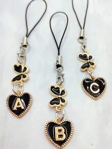 1pc Metal Heart & English Letter A-Z Pendant Phone Lanyard, Black Vintage Style A-Z Letter & Elegant Butterfly Phone Charm