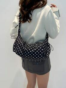 1pc Nylon Fabric Multi-Pocket Dumpling Bag, Korean Style Polka Dot Shoulder Bag, Women's Casual Pleated Drawstring Crossbody Bag, Soft & Slouchy Versatile Japanese Hobo Bag - Black - View 3
