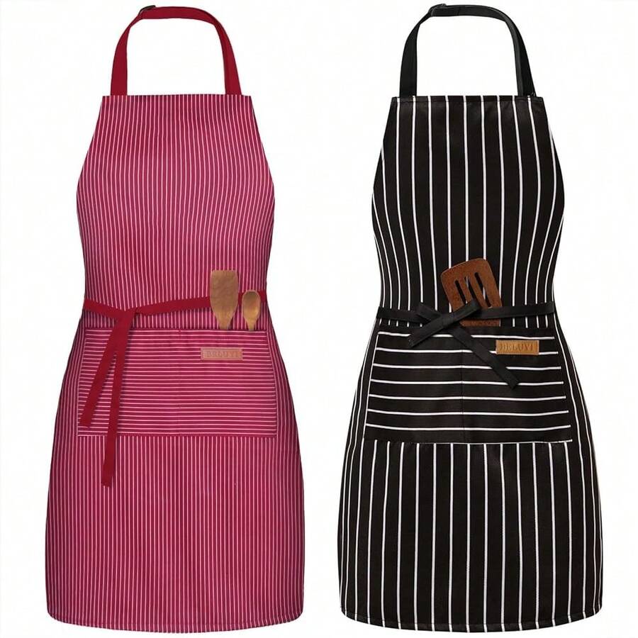 2 Pack Adjustable Bib Apron With 2 Pockets Chef CooFKing Kitchen Restaurant Aprons For Women Men,Wine/FFBlackssstripes - Wine/FBlacksstripes - 查看 1