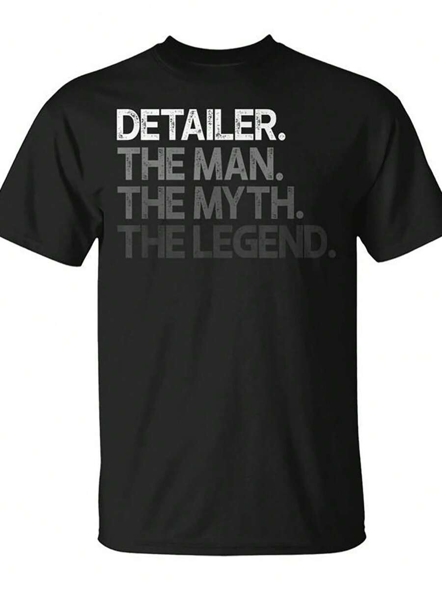 Camiseta Casual de Hombre% Algodón - ;Detailer Man Myth; Impresión Desgastada. Cuello redondo de ajuste regular. Camiseta cómoda para todas las estaciones, lavable aáquina. Ropa de fácil cuidado - Negro - Ver 1