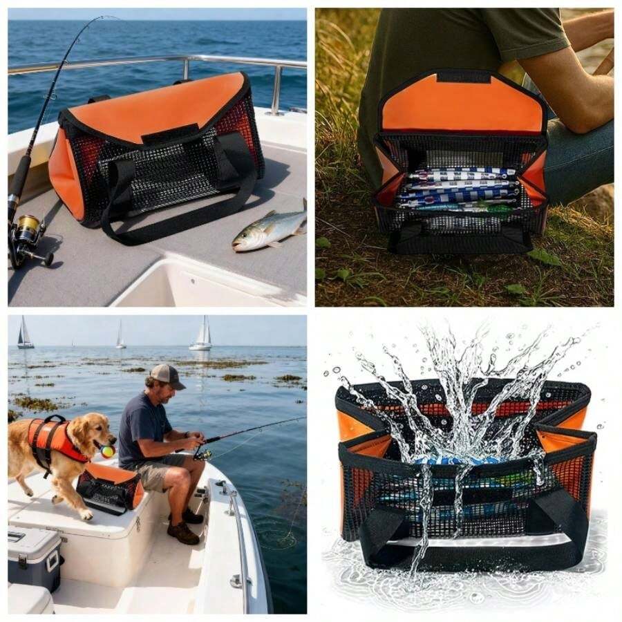 Bolsa De Con Asa Resistente u2013 Organizador De Seuelos Con Malla Y Compartimentos Para Placas De Hierro u2013 Perfecta Para En Agua Salada O Dulce, Ya Sea En La Playa, Ro, Lago, Estanque O Mar - Naranja - Ver 1