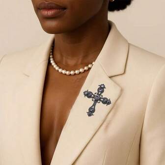 1개 우아한 빈티지 유럽 궁전 스타일 여성용 십자가 브로치, 회색 모조 다이아몬드가 있는 바로크 디자인, 종교 보석