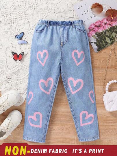 Young Girl Casual Pants, Cute Heart Print Digital Denim-Effect Fabric, Suitable For Daily Outings