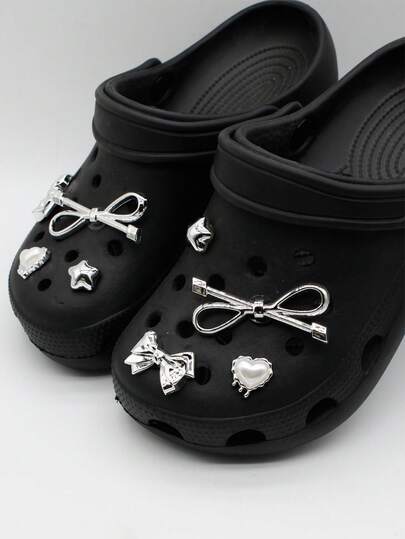 8PCS Silvery Luxury Ribbon Bow-Knot Shoe Charms For Hollow Out Clags, Heart Star Shoes Decorations DIY Accessories Fit Women Lady Sandals Slides Slippers Beach Bags