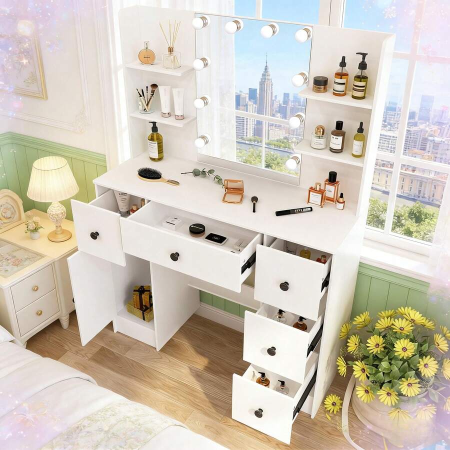 Dressing Table Vanity Set Makeup 10 LEDs Mirror Jewellery Organizer - White - View 1