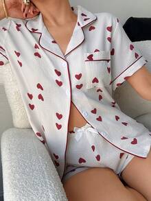 Bộ đồ ngủ nữ 2 món in hình trái tim đỏ ngày Valentine, gồm áo sơ mi ngắn tay cài cúc và quần short, đồ mặc nhà mùa hè thoải mái. - Đỏ và trắng - Xem 6