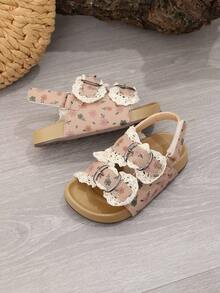 1 Pair Ballet Style Girls Sandals, New Summer Kids Ditsy Floral Toddler Open Toe Beach Shoes, Princess Shoes - Pink - View 6