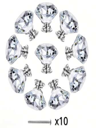 10 Pieces Crystal Glass Cabinet Handles 30mm Diamond Drawer Kitchen Cabinet Dresser Cupboard Wardrobe Handles