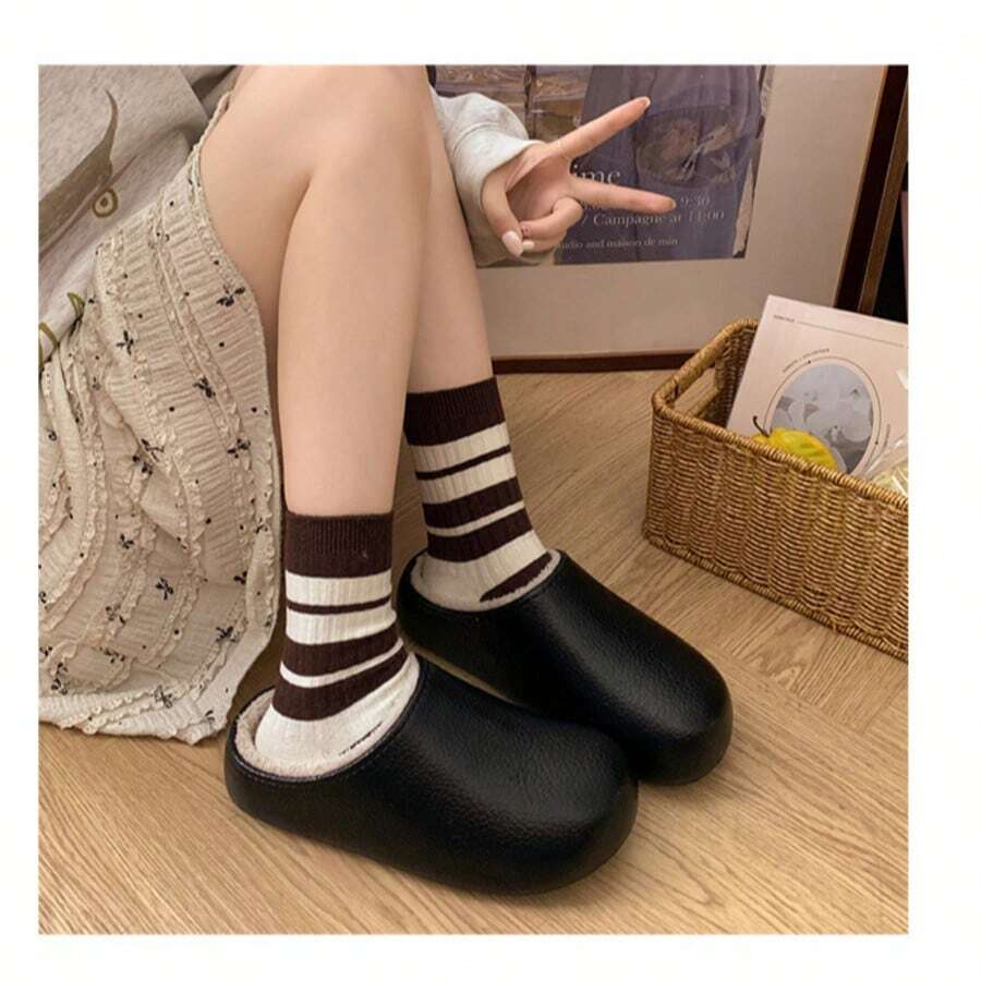 1 Pair Spring 2026 PU Leather Flat Warm Slippers, Waterproof EVA Indoor Outdoor Fluffy Closed Toe Slides - Black - View 1
