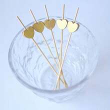 10/20/30/50/100/200pcs Bamboo Appetizer Toothpicks, Bamboo Barbecue Skewers, Heart-Shaped Food Clips, Chrome Gold Chicken Love Skewers, 4.7" Fruit Picks, Elegant Serving For Home, Restaurant, Buffet, Party, Cheese & Charcuterie Platters - Gold - View 7