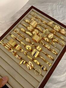 15pcs/Set Assorted Fashionable Thick Asymmetric Geometric Metal Rings Set For Women, Suitable For Daily Matching