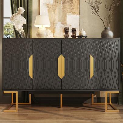 Modern Blue/Black Sideboard, 140x40x80 Cm, With Four Doors And Two Height-Adjustable Shelves - Versatile And Usable As A Storage Unit, Kitchen Unit Or Sideboard.