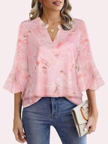 CheersLife Women's Fashion Double-Layer Mesh Blouse, 3/4 Ruffle Flare Sleeve Shirt - Coral Pink - View 3