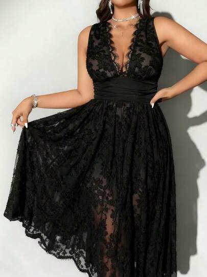 Plus Size Women V-Neck Sleeveless, Jacquard, Ruffle Trim, Elegant Solid Color Dress