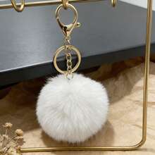 1 pièce Pompon de fourrure de lapin faux de 8 cm, porte-clés boule de fourrure de couleur unie pour vêtements, sacs, accessoires - Blanc - Voir 5