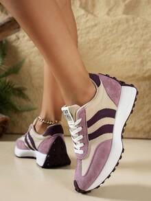 Women's Low-Top Platform Sneakers, Lace-Up Round Toe, Casual Style, Shock-Absorbing Rubber Sole, All-Season, Faux Leather & Fabric Upper, Suitable For Jeans, Dresses And Office Wear - Purple - View 5