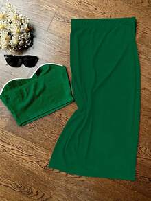 UREREM 一套夏季性感修身露肩无肩带上衣和紧身半身裙套装，针织面料，180克 - 草綠 - 查看 2