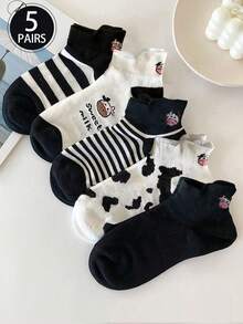 5 Pairs/10 Pairs (Random Style) Spring/Summer Black & White Cartoon Cow Ear Cut Ankle Socks, Cute Japanese Style Short Women Socks - Multicolor - View 12