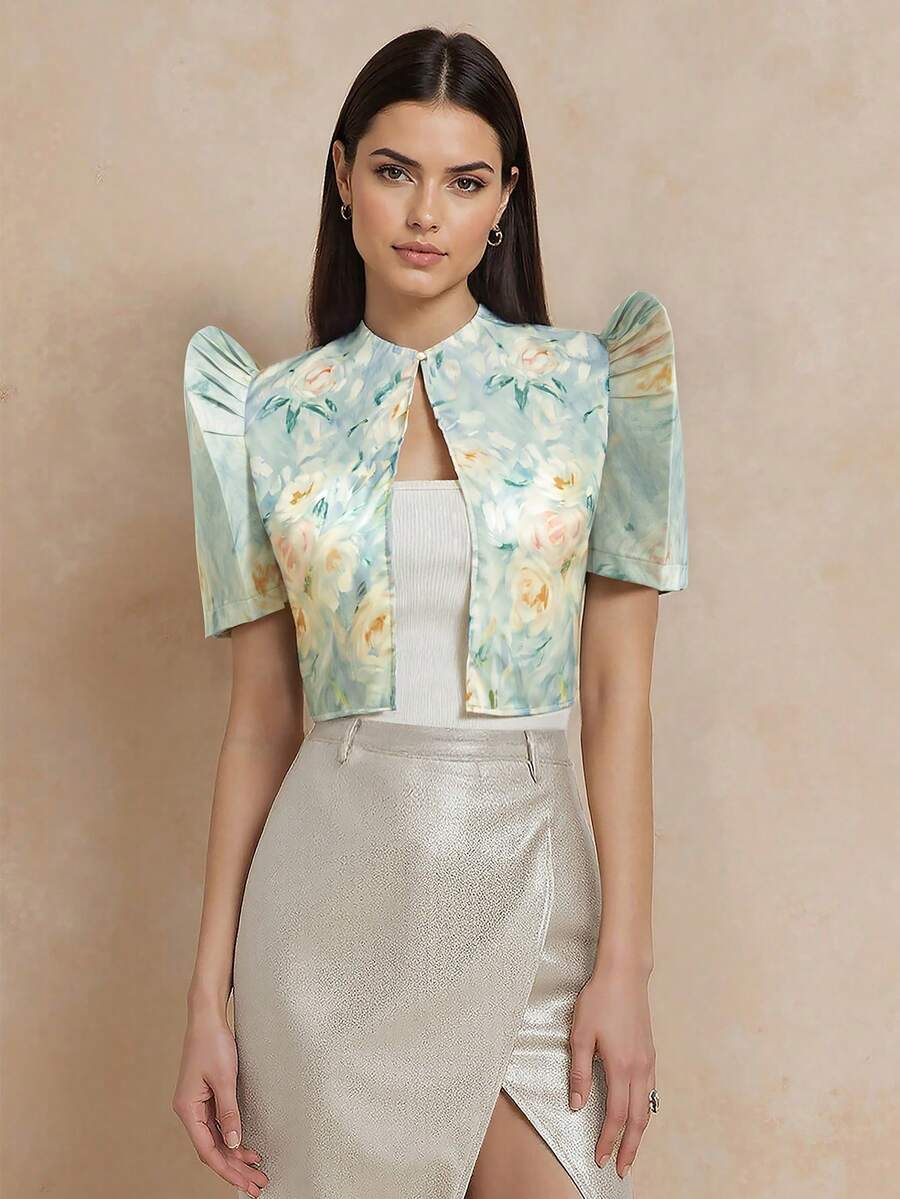 Amyenjoylife 现代菲律宾风情衬衫，蝴蝶袖菲律宾风情衬衫，时尚优雅女士上衣，染色印花泡泡袖，短袖开衫 - 墨綠色 - 查看 1