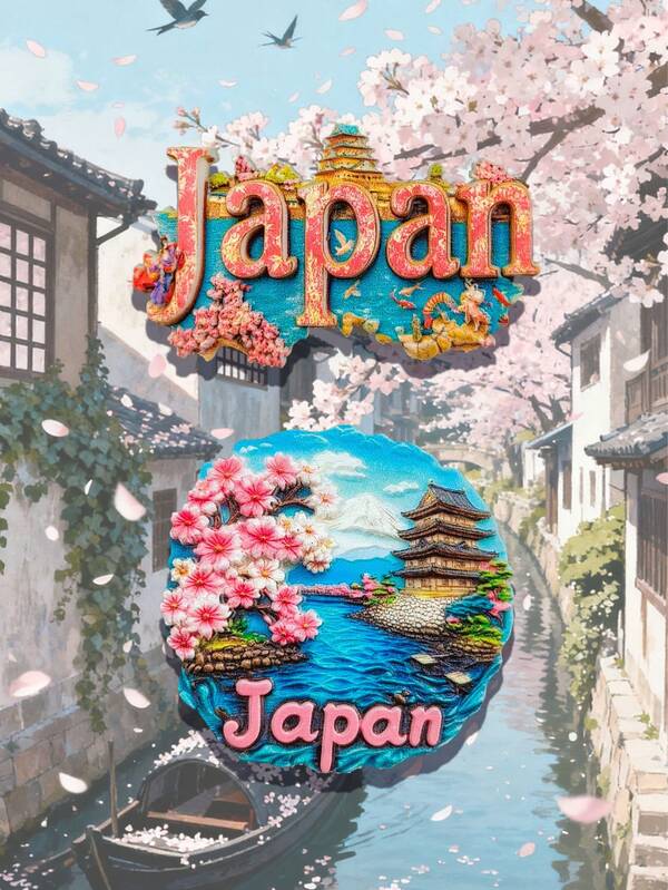 1pc 3D Embossed Japan Design Refrigerator Magnet, Vibrant Sakura & Japanese Architecture Magnetic Sticker, Creative Decorative Gift, 3D Embossed High-End Resin Crafted PVC Refrigerator Magnet, Kitchen Decor, World Famous Scenery Magnet, Ideal Gift For Travel Enthusiasts