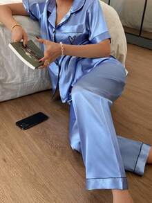 女士刺绣爱心睡衣套装，短袖上衣和裤子，蓝色 - 藍色 - 查看 5