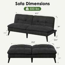 Futon Sofa Bed Velvet Futon Couch With Adjustable Backrest, Small Convertible Folding Sleeper Sofa Bed, Modern Loveseat For Living Room, Bedroom And Small Space, Black - 黑色 - 查看 2