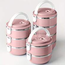 1/2/3/4pcs Round Stainless Steel Premium Solid Color Lunch Boxes With Lids, Multi-Layer Compartments, Multifunctional, High-Temperature Resistant, Strong Sealing, Heat-Insulated, Portable With Handle And Vent Valve, Made Of Materials, Adaptable To Various Scenarios. Suitable For Home, Kitchen, Restaurant, Office, Students, Hospitals, Visiting Relatives, Picnics, Camping, And Travel. - Pink - View 1