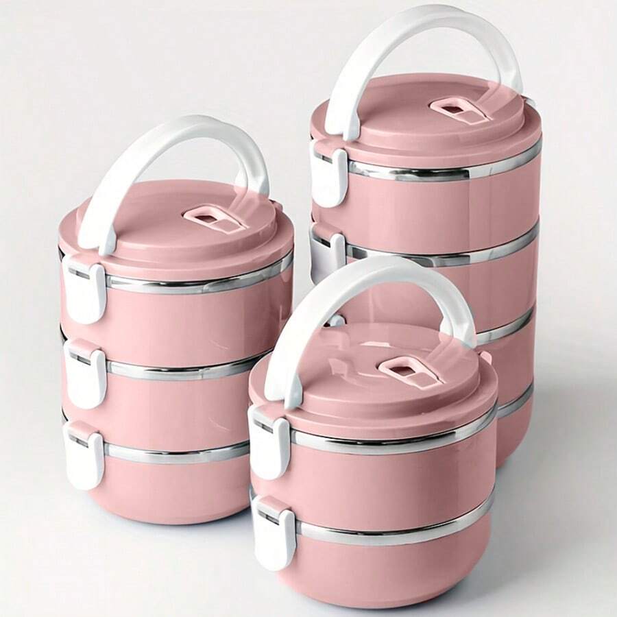 1/2/3/4pcs Round Stainless Steel Premium Solid Color Lunch Boxes With Lids, Multi-Layer Compartments, Multifunctional, High-Temperature Resistant, Strong Sealing, Heat-Insulated, Portable With Handle And Vent Valve, Made Of Materials, Adaptable To Various Scenarios. Suitable For Home, Kitchen, Restaurant, Office, Students, Hospitals, Visiting Relatives, Picnics, Camping, And Travel. - Pink - View 1