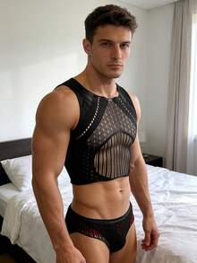Sexy Fishnet Shirt Men's Lingerie Set, Hollow Out Sheer Nightclub Performance Outfit