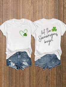 Clover Print Shirt, St. Patrick's Day Casual Round Neck Short Sleeve Shirt, Women's Clothing - 白色 - 查看 6