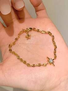 1pc Stainless Steel Sparkling Star Bracelet For Women, Shiny Comet Meteor Pentagram Lucky Star Jewelry - Gold - View 4