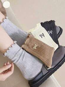 4双装女士随机甜美蝴蝶结荷叶边JK风格舒适百搭中筒袜 - 彩色 - 查看 4