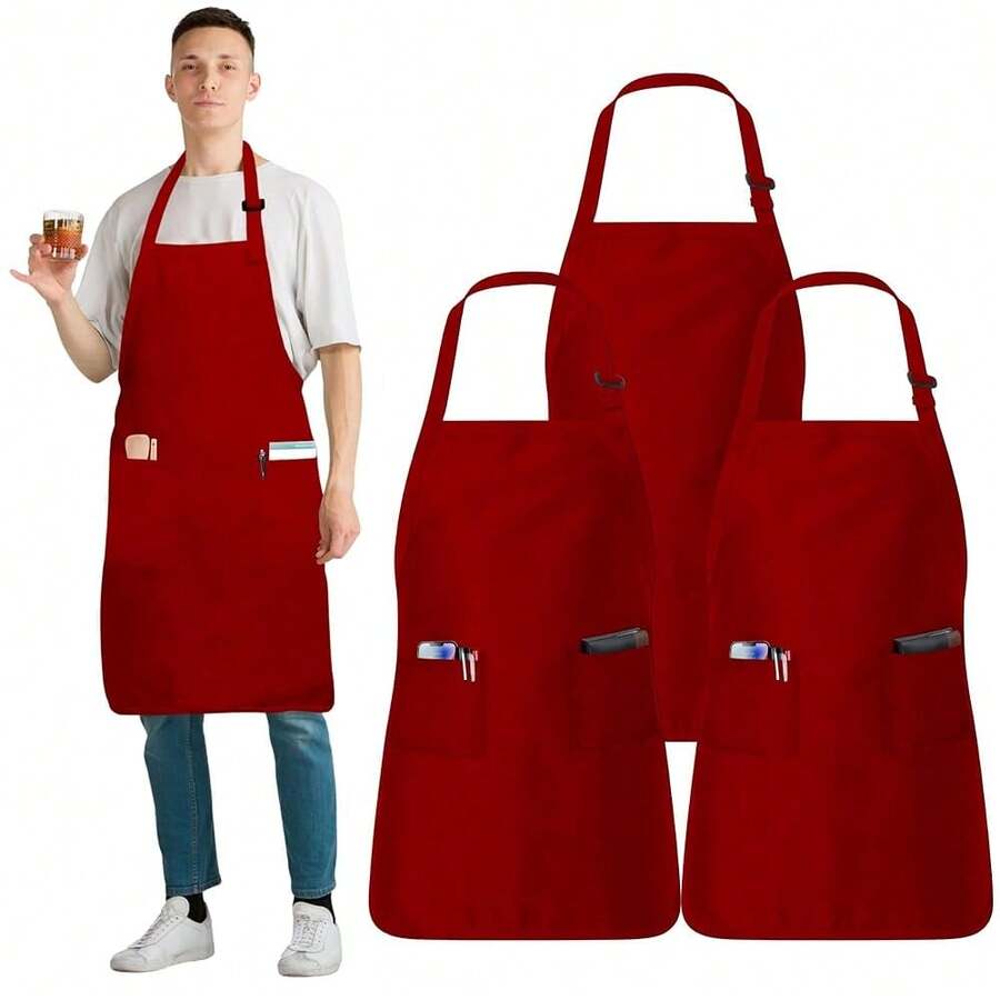 Adjustable Cotton Chef Aprons With 2 Pockets And Complimentary Bandana, Kitchen Apron For Women And Men,3Pack-Red - 3Pack-red - View 1